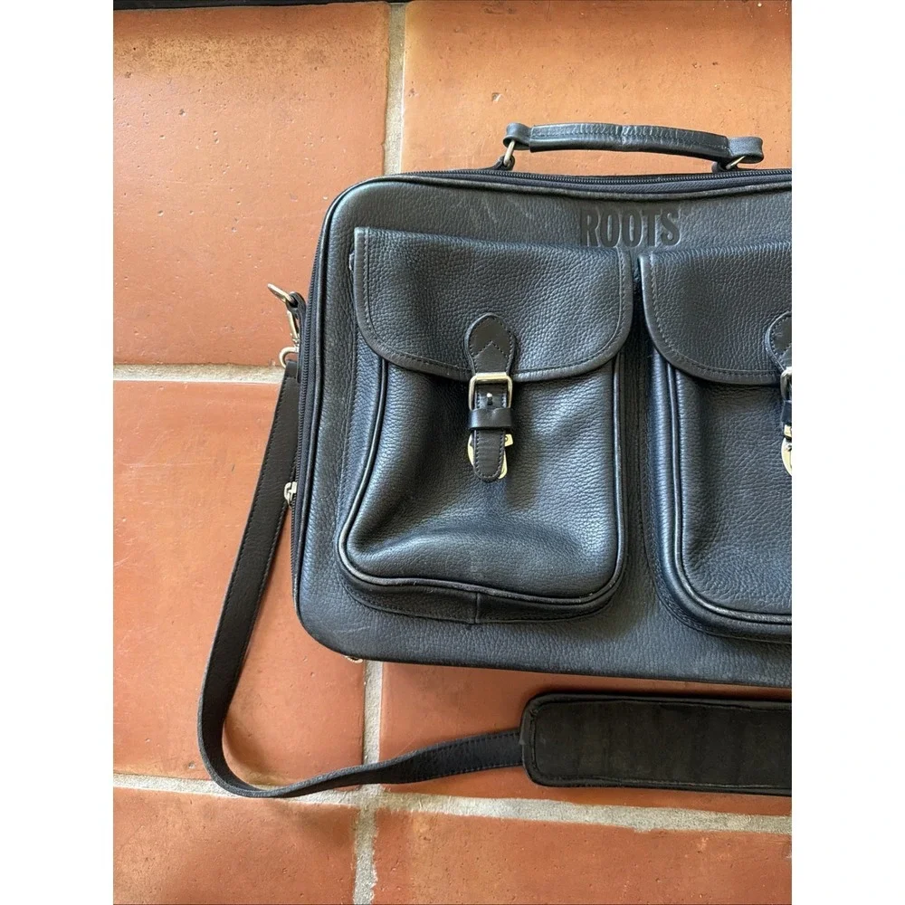 ROOTS Vintage Black Leather Canada Messenger Briefcase Sling Silver Buckles